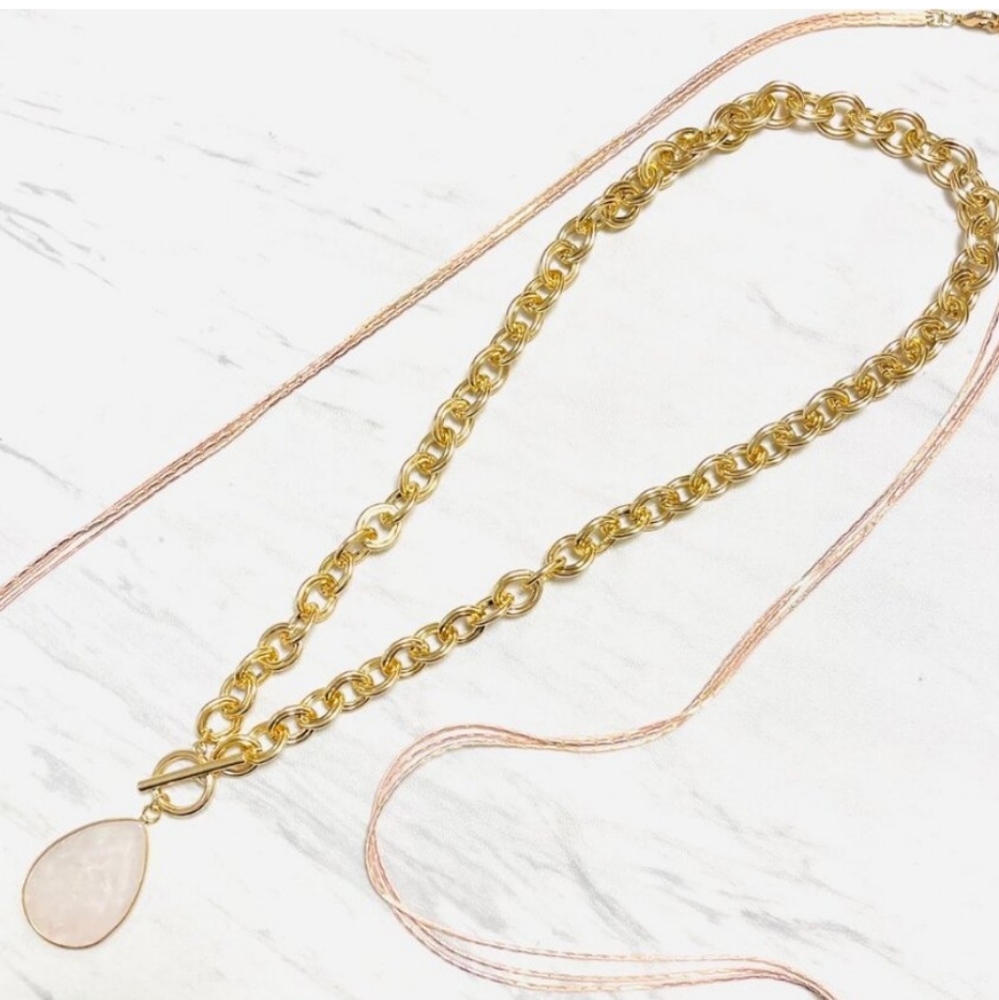 Gold Chain Necklace with Rose Quartz Teardrop Pendant